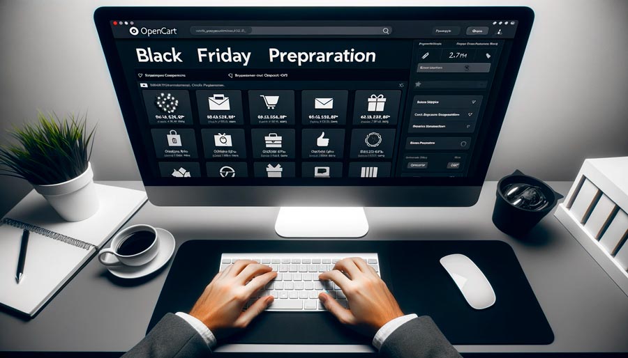E-commerce dashboard on computer screen showing inventory preparation and analytics for upcoming Black Friday sales.